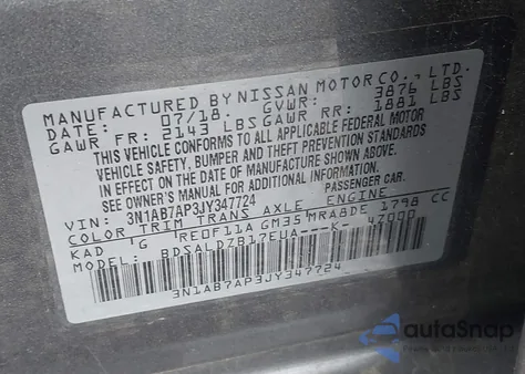 2018 Nissan Sentra Sv z USA, uszkodzony, nr VIN 3N1AB7AP3JY347724